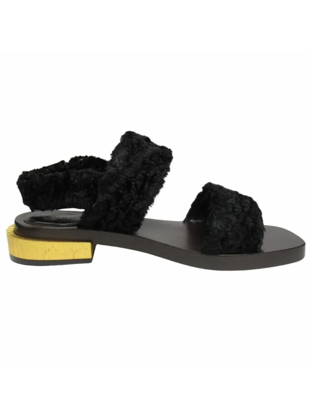 Gucci Faux Fur Sandals Boa Shoes Metal Heels Back Velcro Black 37.5